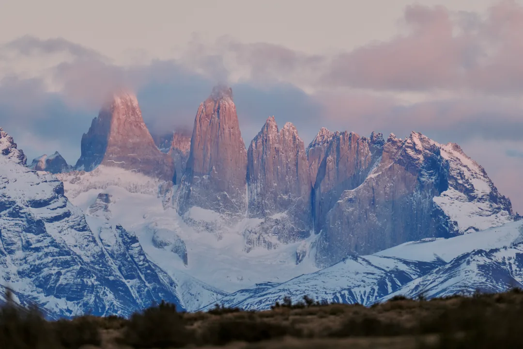 Pink and peach light on the Cuernos del Paine at sunset